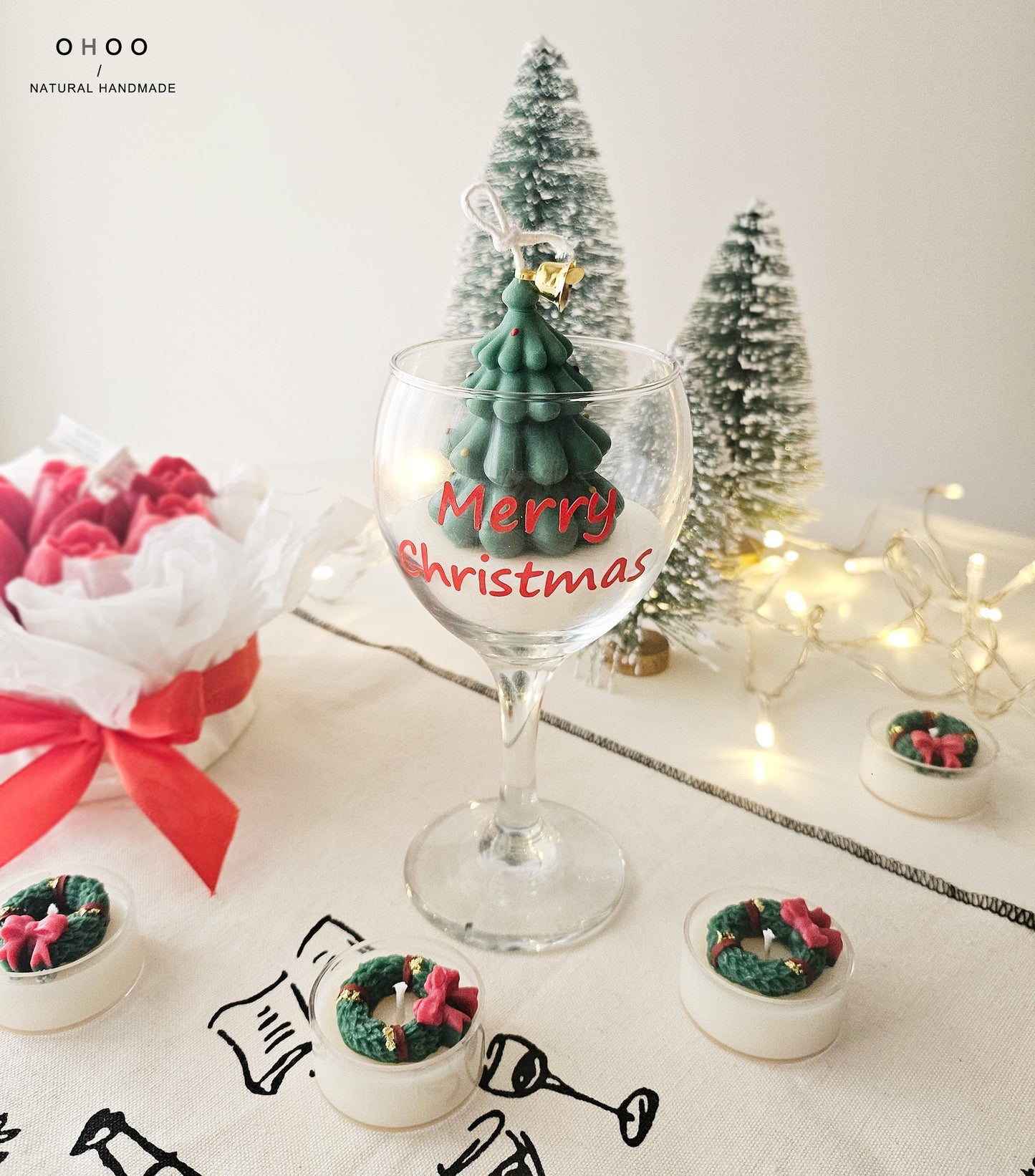 Wine Glass Christmas Tree Candle, Hand Poured Soy Wax, Holiday Decoration