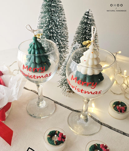 Wine Glass Christmas Tree Candle, Hand Poured Soy Wax, Holiday Decoration