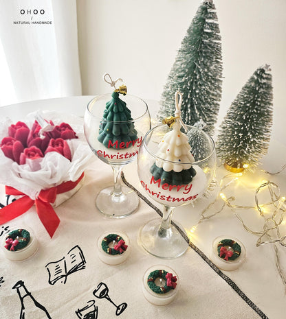 Wine Glass Christmas Tree Candle, Hand Poured Soy Wax, Holiday Decoration