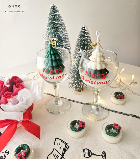 Wine Glass Christmas Tree Candle, Hand Poured Soy Wax, Holiday Decoration