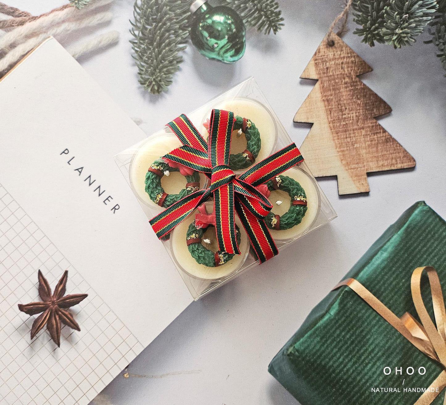 Hand Poured Christmas Wreath Tealight Candle, Soywax, Holiday Decor