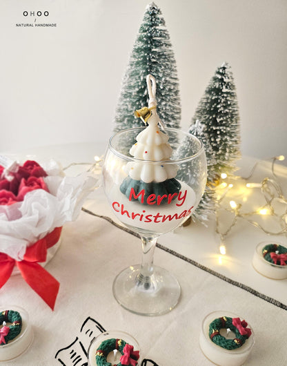 Wine Glass Christmas Tree Candle, Hand Poured Soy Wax, Holiday Decoration